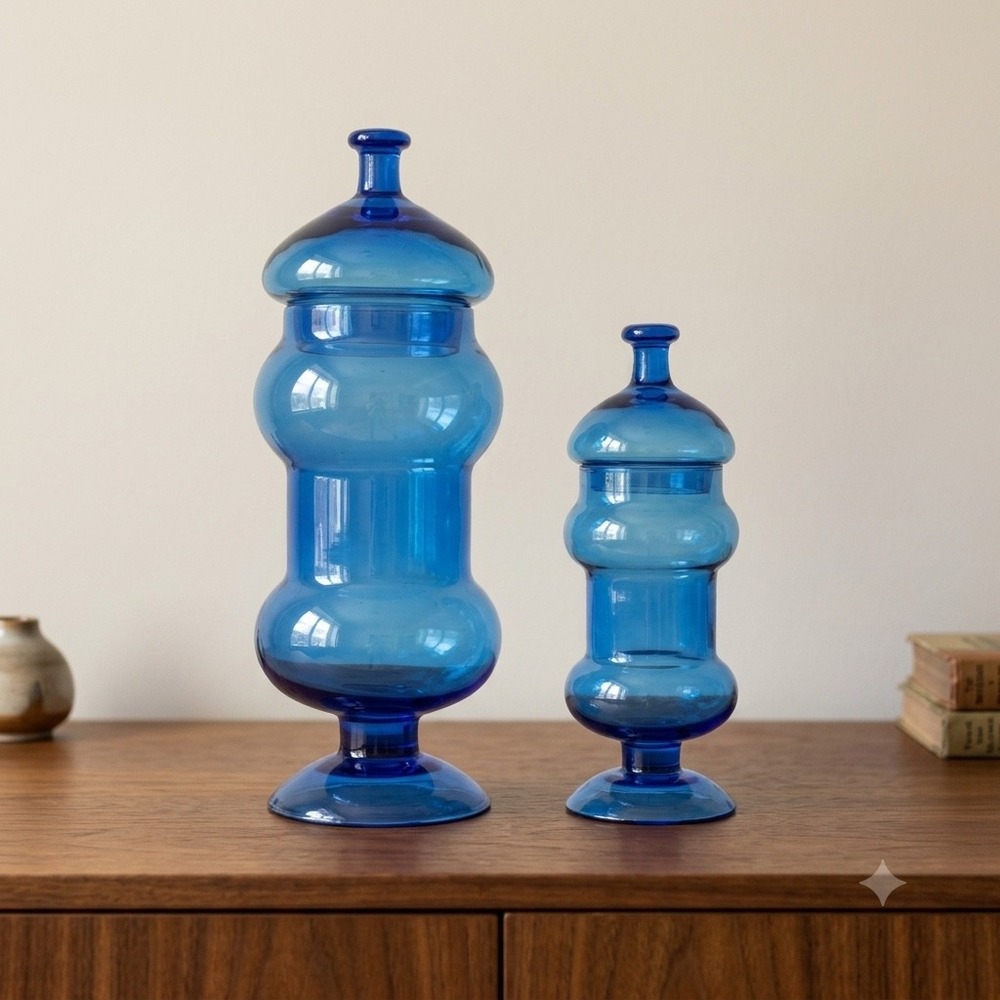 Blue Glass Apothecary Jars Mid Century Modern Lidded Candy Dishes Set of 2
